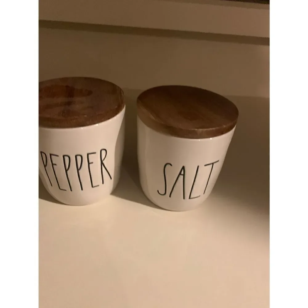 Rae Dunn Ceramic Salt and Pepper Cellars with wood lids